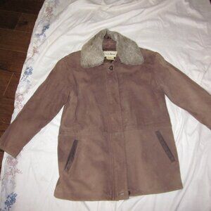 L L Bean ladies genui leather parka faux fur removable collar sz 6 petite